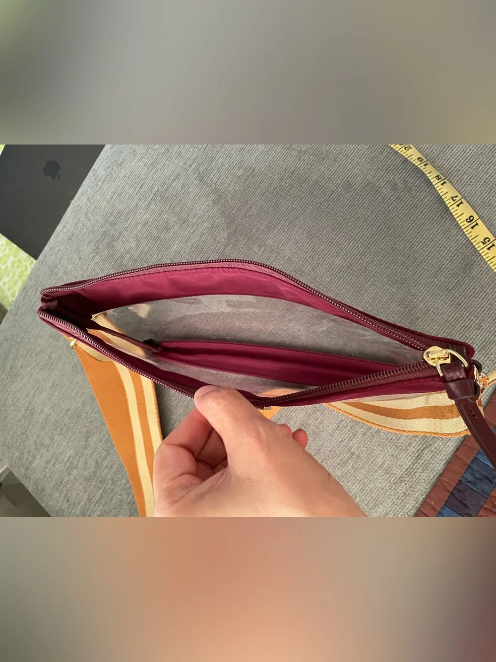 Austin / Flower Burgundy Clear Crossbody Bag with Striped Tan Strap